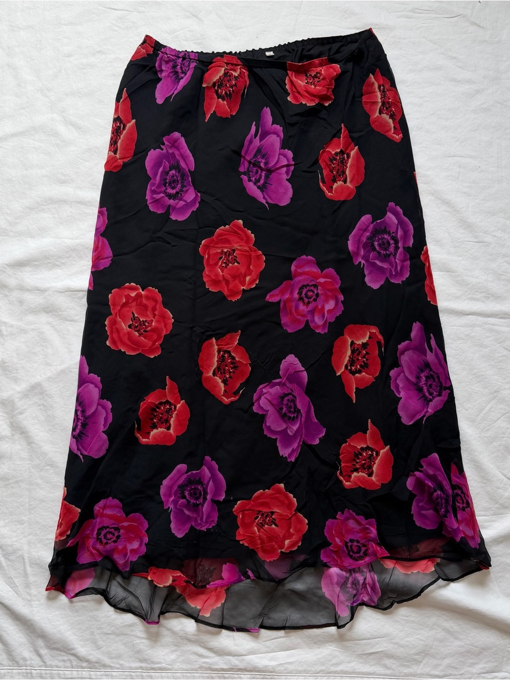 100% Silk Black Red Floral Bias Midi Skirt